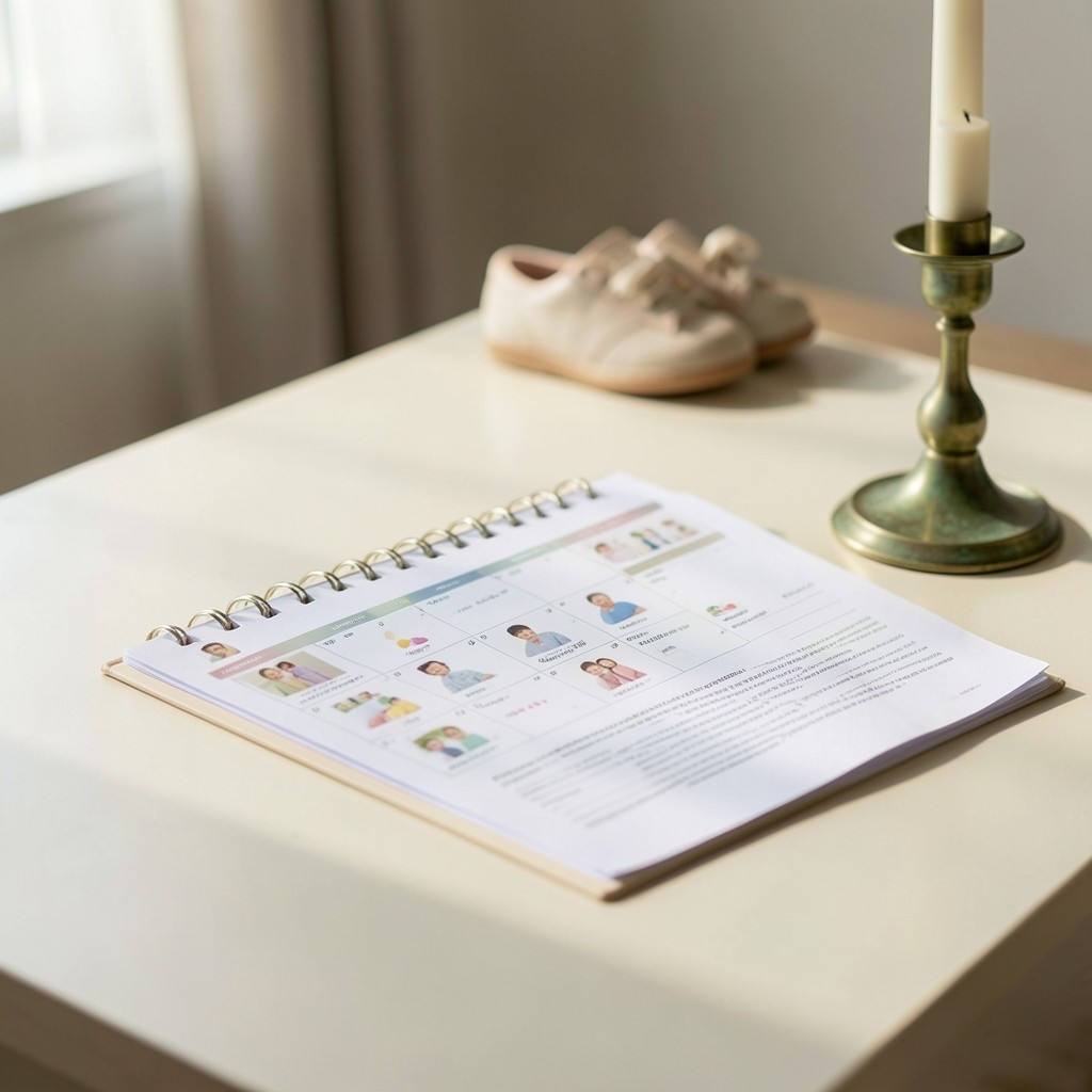 Calendrier familial et contrat de travail sur une table de consultation