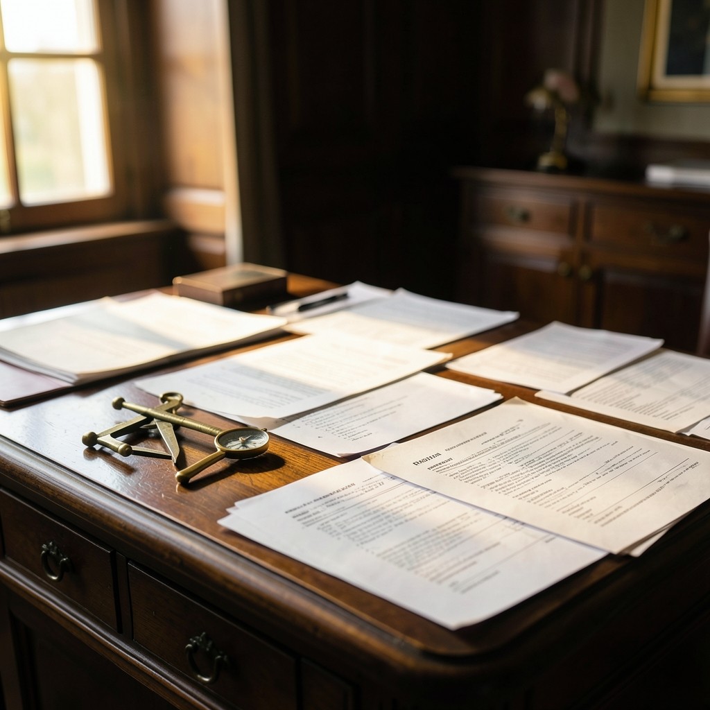 Bureau de consultation avec documents de contrat d'apprentissage et instruments de mesure en laiton