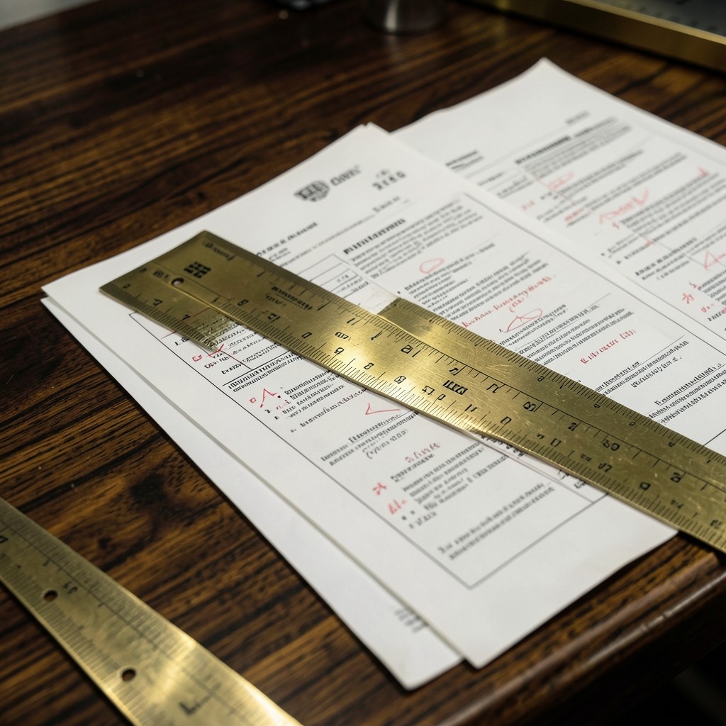 Documents de contrat d'apprentissage vérifiés sur un bureau avec règle en laiton